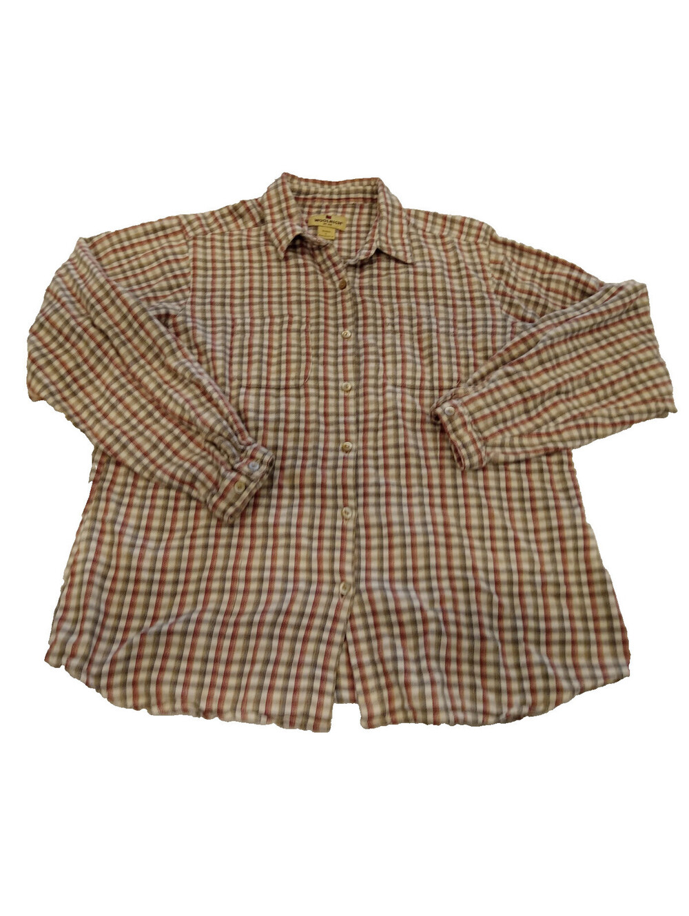 Woolrich Plaid Shirt Womens Size Large L Beige Red Blue Long Sleeve Button Down